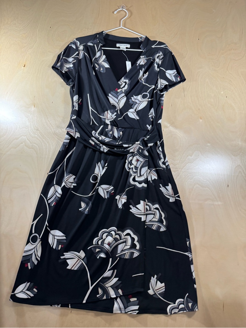 White House Black Market Black Floral Faux-Wrap Midi Dress Size 12